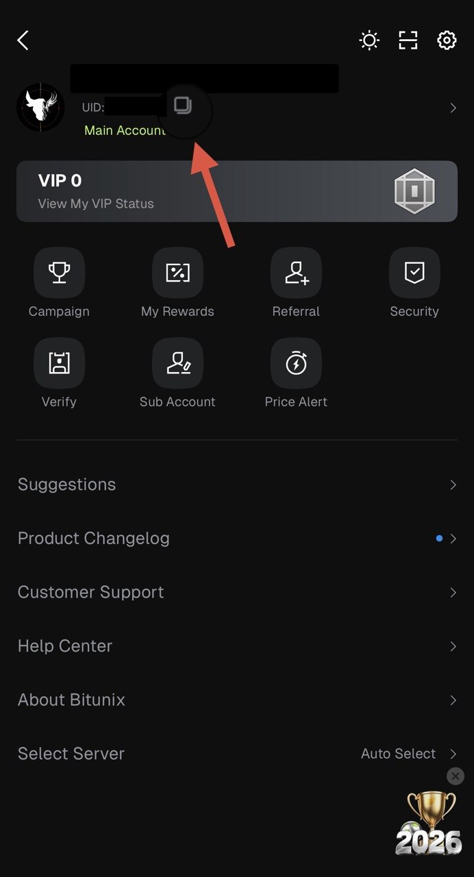 Bitunix App Konto-Seite mit UID und Kopier-Symbol