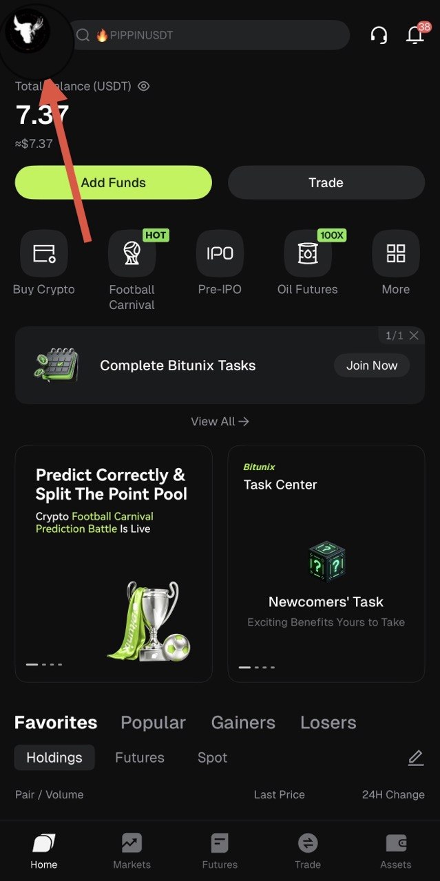 Bitunix App Startseite, Profilbild oben links antippen